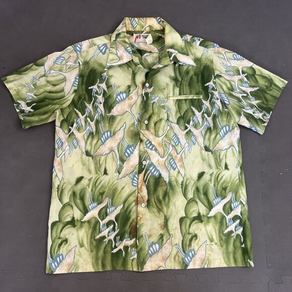 Malihini Hawaii Designer's Collectors Men's Green With Bird Print Hawaiian Shirt - Picture 5 of 9